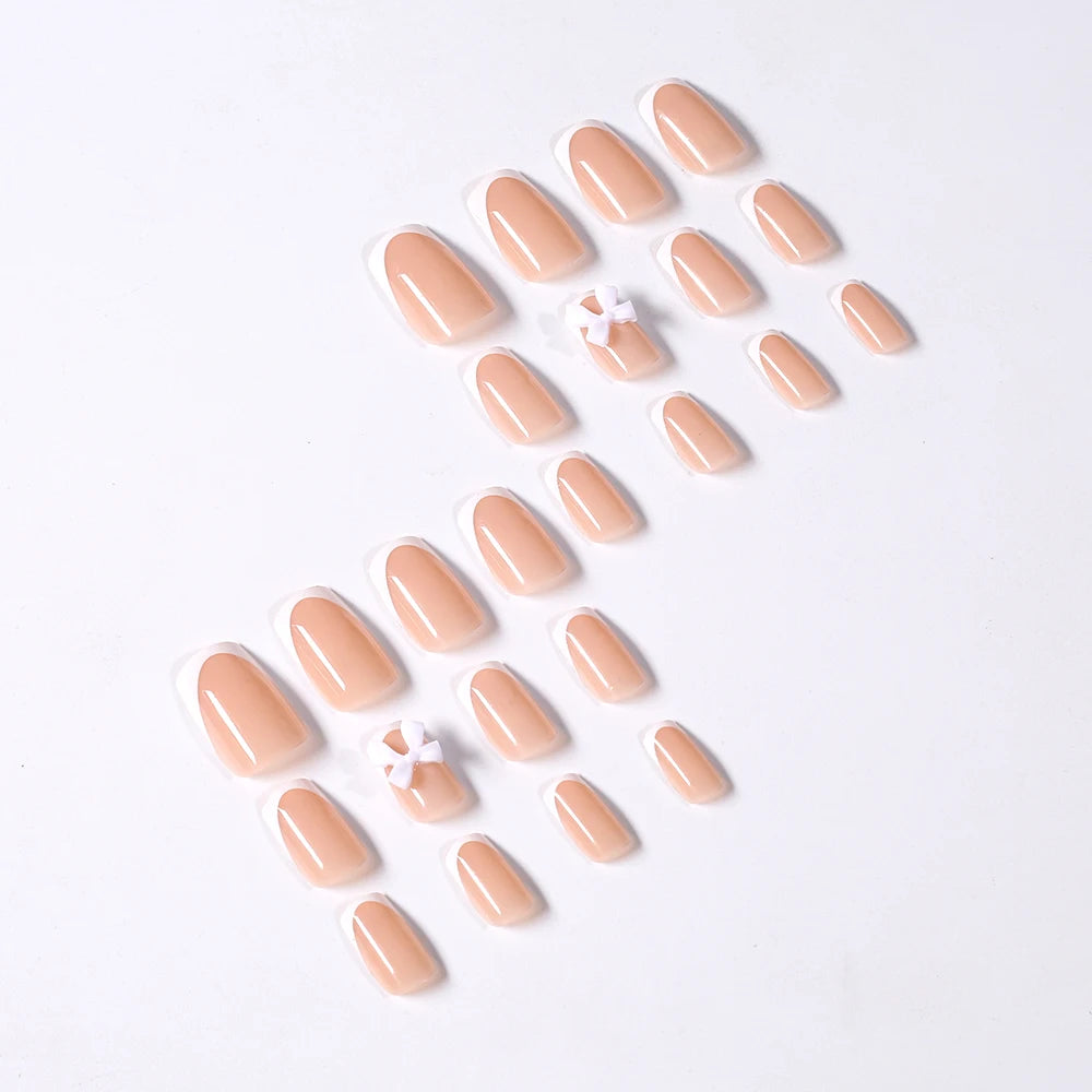 24Pcs White French Press On Nails 3D Bow Design Full Cover Wearable False Nails Short Square Head Ballet Fake Nails 2030