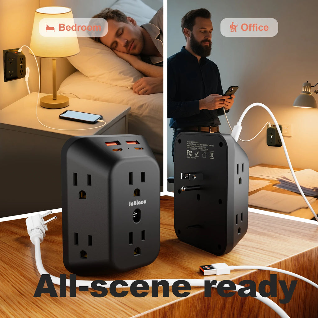 Power Strip USB Wall Charger Surge Protector with 6 Outlet Extender 4 USB Charging Ports (2A2C) , Wall Adapter Spaced for Home
