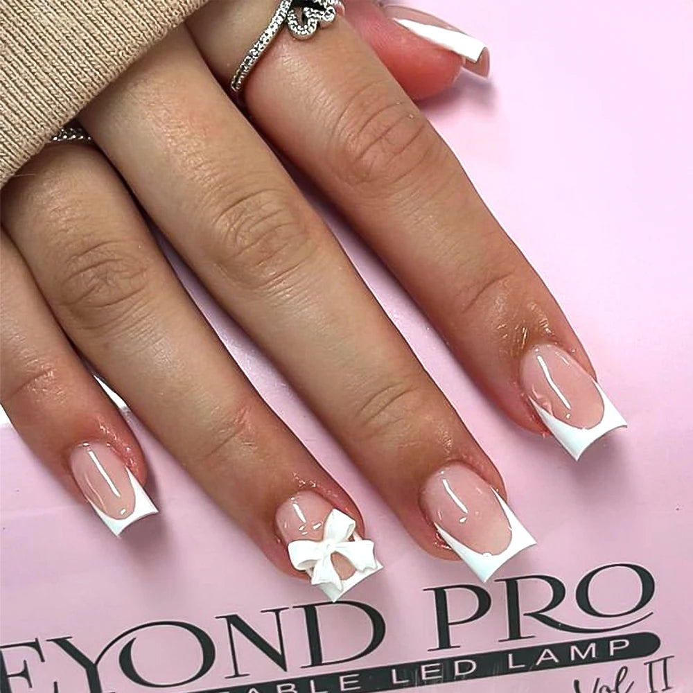 24Pcs White French Press On Nails 3D Bow Design Full Cover Wearable False Nails Short Square Head Ballet Fake Nails 2030