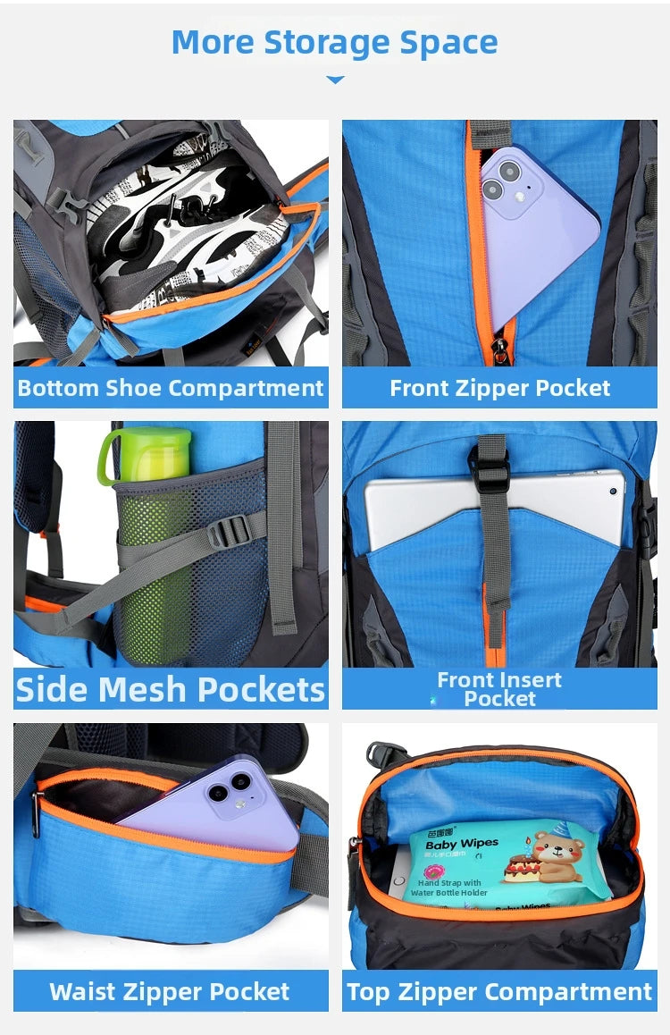 Outdoor Bag, Backpack, Mountaineering Bag, Hiking Sports Bag, Water-Repellent Backpack, Large-Capacity Travel Backpack