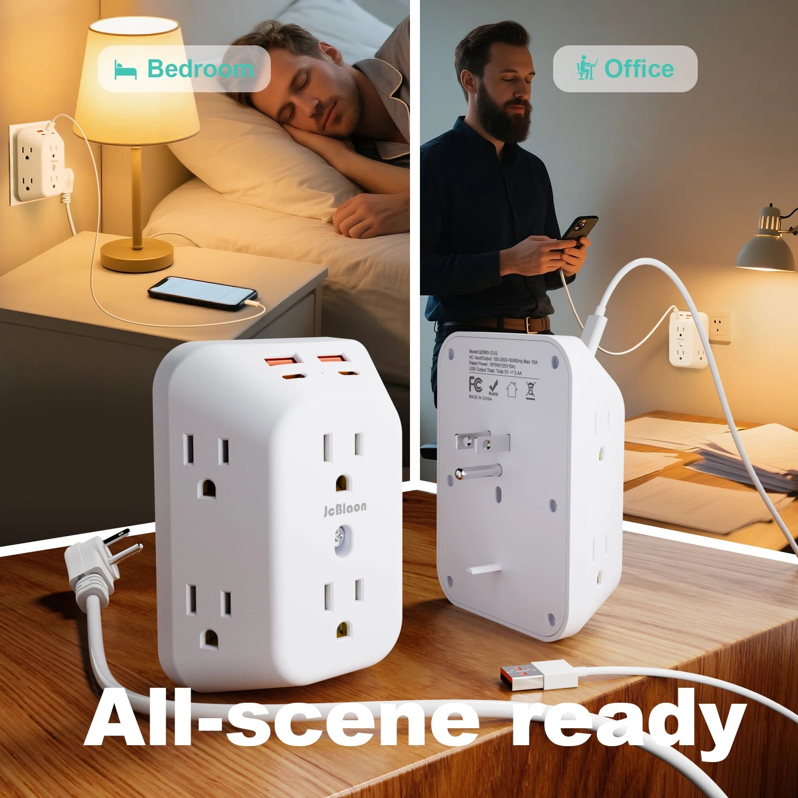Power Strip USB Wall Charger Surge Protector with 6 Outlet Extender 4 USB Charging Ports (2A2C) , Wall Adapter Spaced for Home
