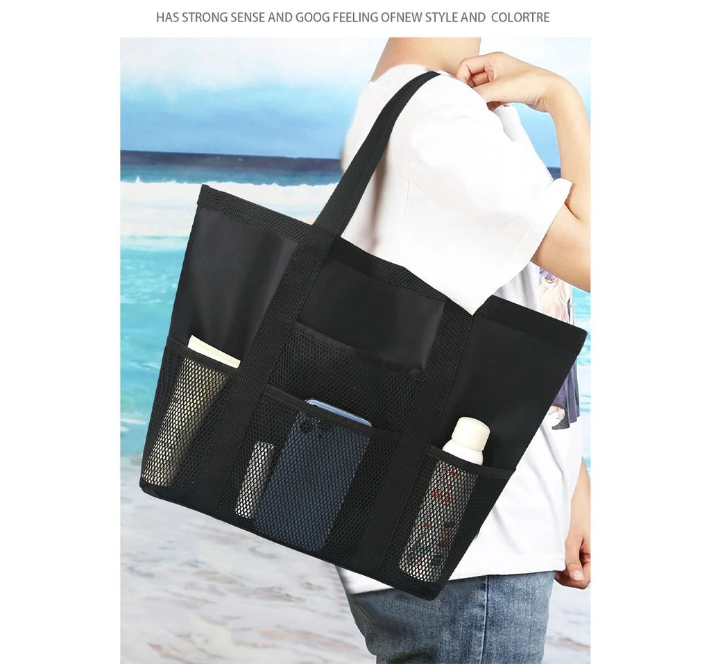 Beach Bag Large Capacity Mesh Swim Bag with Pockets Multifunctional Beach Bag Travel Tote Shoulder Swimwear Storage Bag
