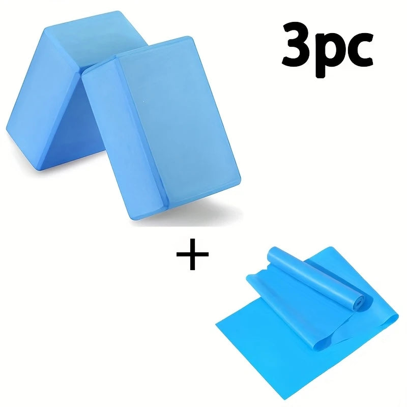 3PCS includes 2 yoga Blocks 1 resistance bands. High-density EVA mats, TPE stretch bands. for beginner yoga, stretching exercise
