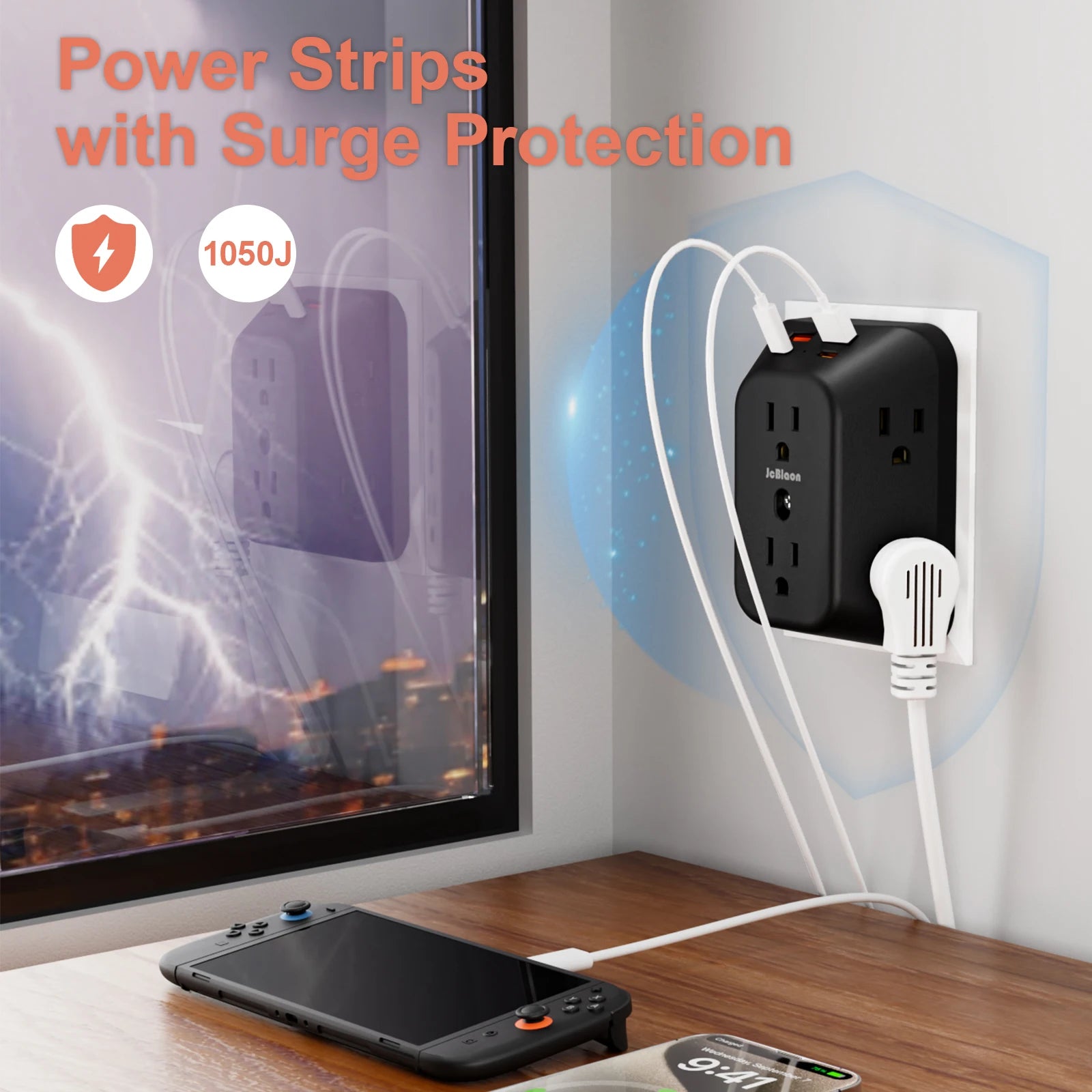 Power Strip USB Wall Charger Surge Protector with 6 Outlet Extender 4 USB Charging Ports (2A2C) , Wall Adapter Spaced for Home