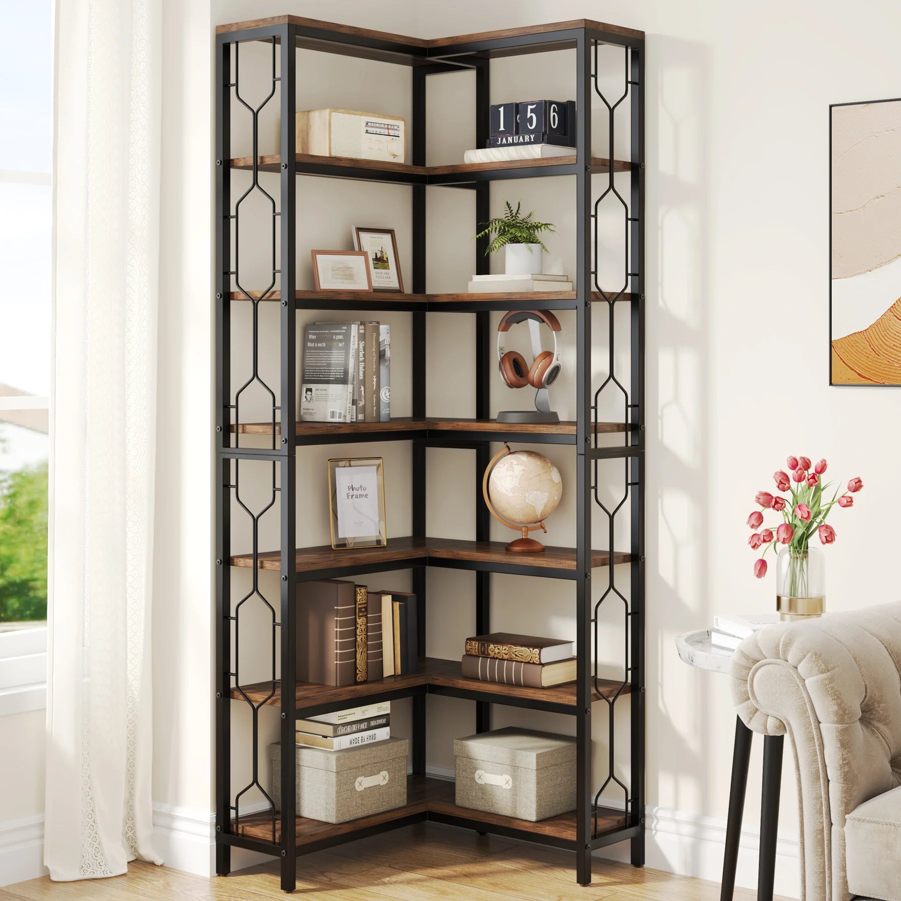 Tribesigns Corner Shelf, 7-Tier Industrial Corner Bookshelf