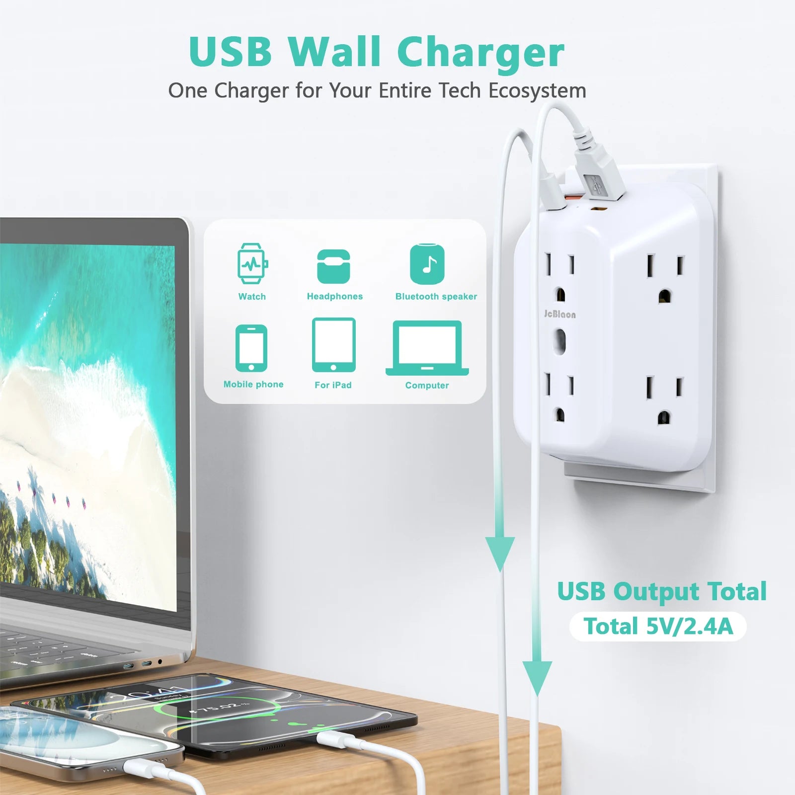 Power Strip USB Wall Charger Surge Protector with 6 Outlet Extender 4 USB Charging Ports (2A2C) , Wall Adapter Spaced for Home