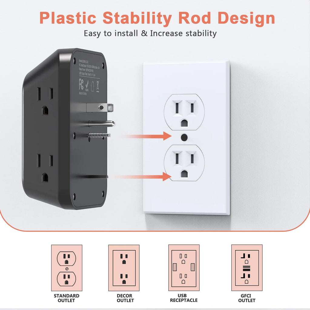 Power Strip USB Wall Charger Surge Protector with 6 Outlet Extender 4 USB Charging Ports (2A2C) , Wall Adapter Spaced for Home