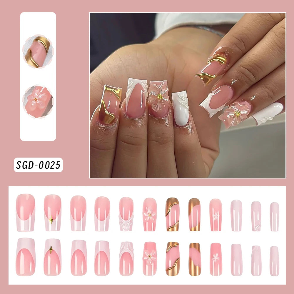 24Pcs White French Press On Nails 3D Bow Design Full Cover Wearable False Nails Short Square Head Ballet Fake Nails 2030