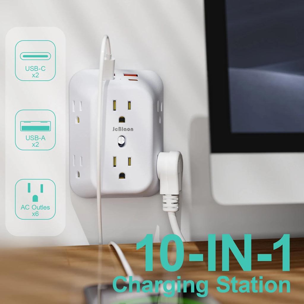 Power Strip USB Wall Charger Surge Protector with 6 Outlet Extender 4 USB Charging Ports (2A2C) , Wall Adapter Spaced for Home