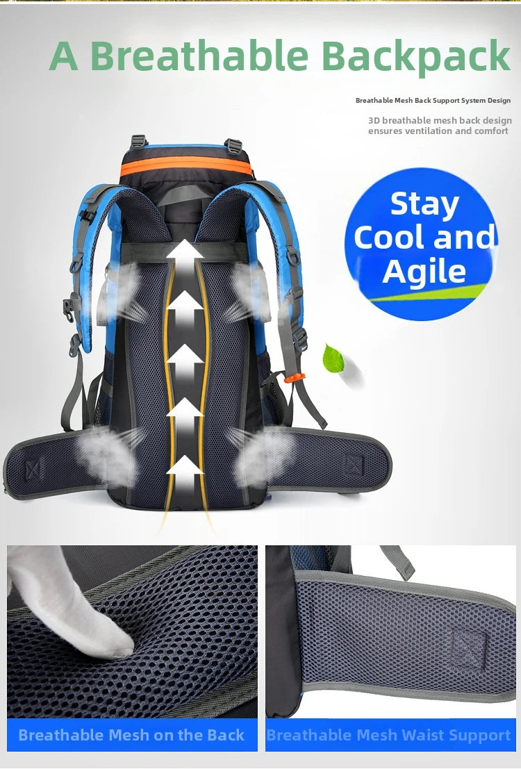 Outdoor Bag, Backpack, Mountaineering Bag, Hiking Sports Bag, Water-Repellent Backpack, Large-Capacity Travel Backpack