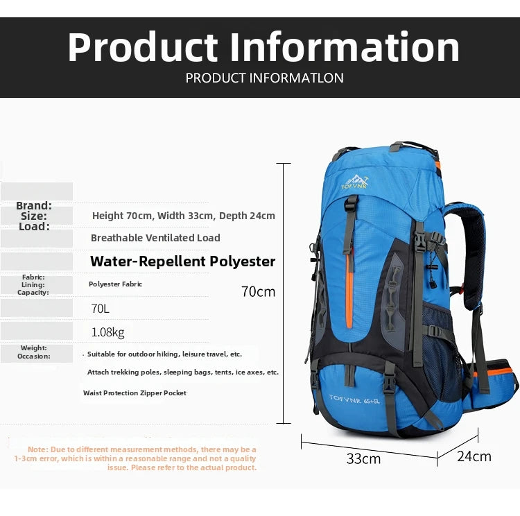 Outdoor Bag, Backpack, Mountaineering Bag, Hiking Sports Bag, Water-Repellent Backpack, Large-Capacity Travel Backpack