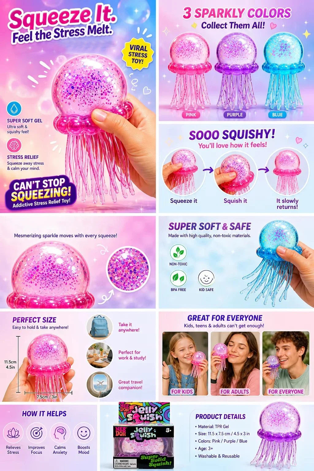 Squishies Needoh Fuzz Ball Jellyfish Squishy 3 Styles Color Soft Stress Relief Toy Cute Relaxing Squeeze Sensory Toy