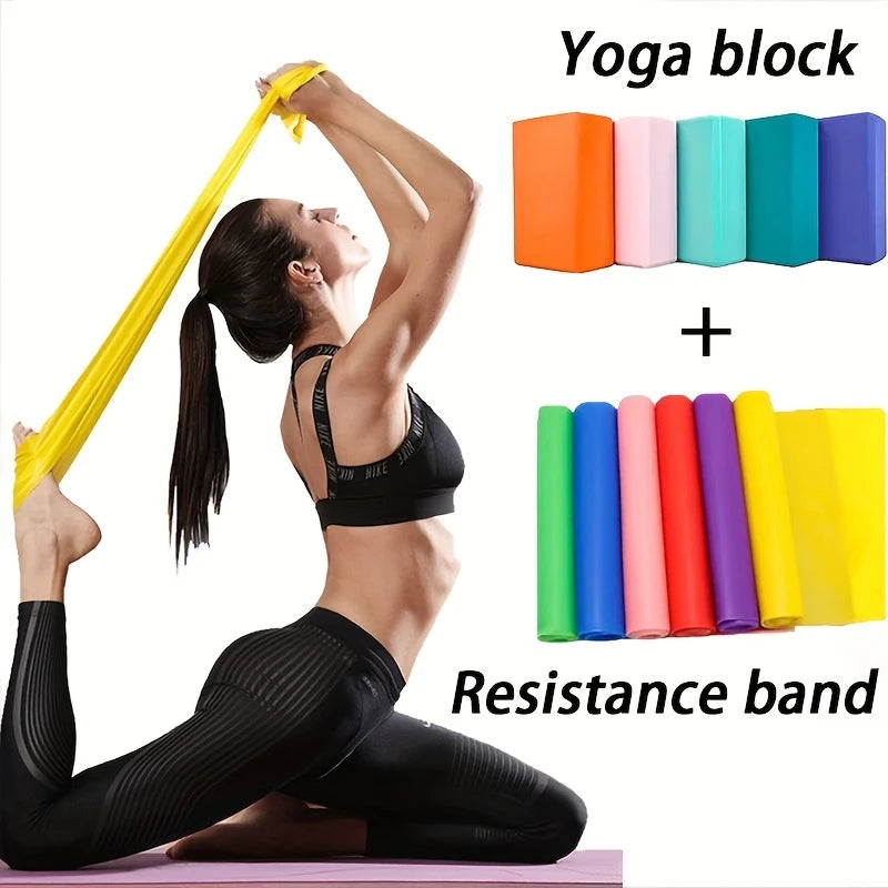 3PCS includes 2 yoga Blocks 1 resistance bands. High-density EVA mats, TPE stretch bands. for beginner yoga, stretching exercise