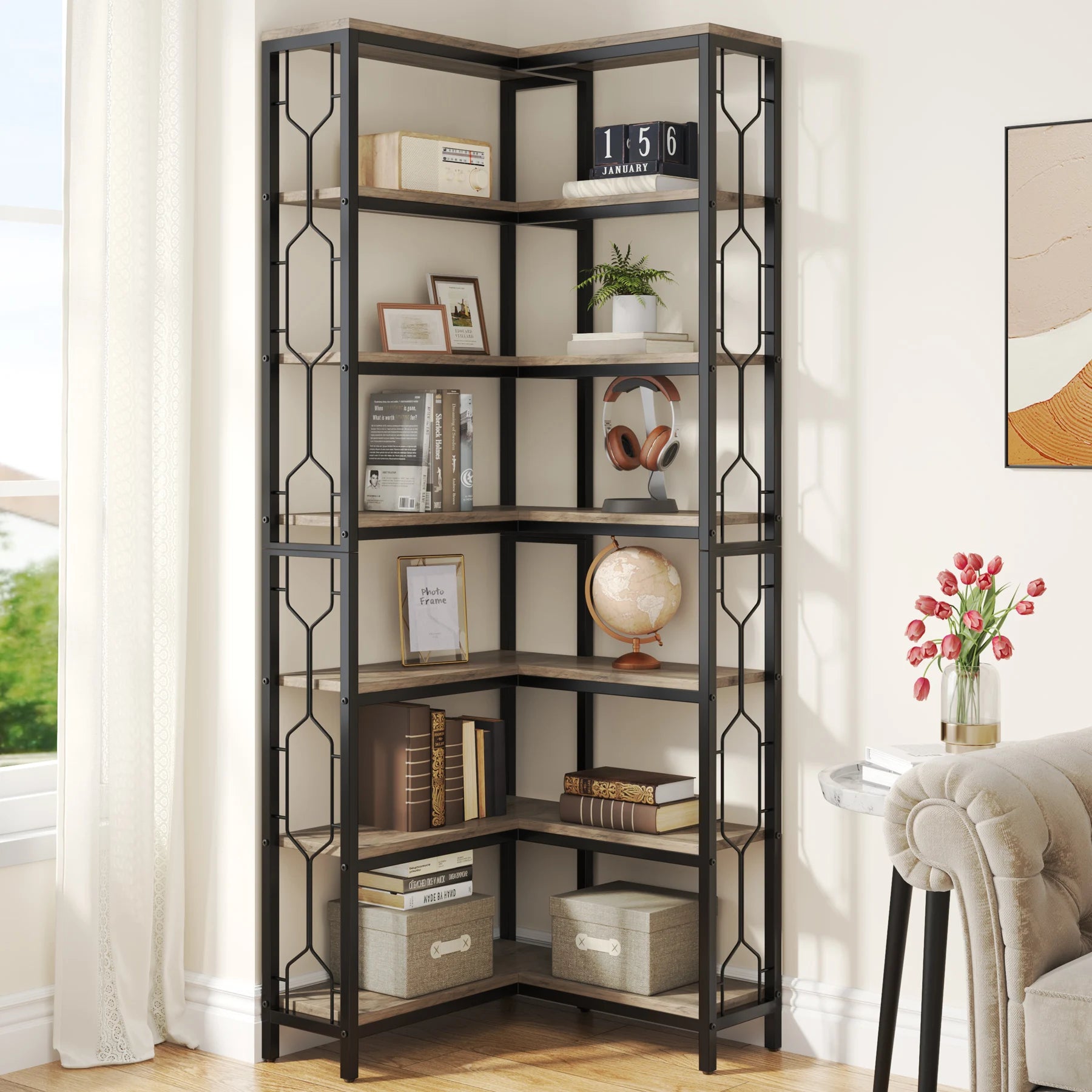 Tribesigns Corner Shelf, 7-Tier Industrial Corner Bookshelf