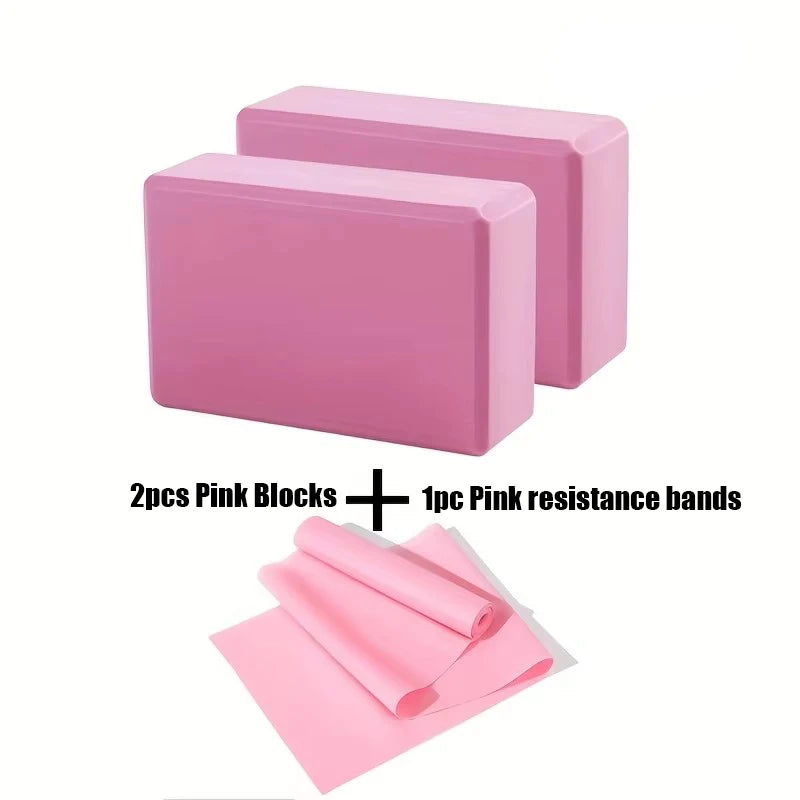 3PCS includes 2 yoga Blocks 1 resistance bands. High-density EVA mats, TPE stretch bands. for beginner yoga, stretching exercise