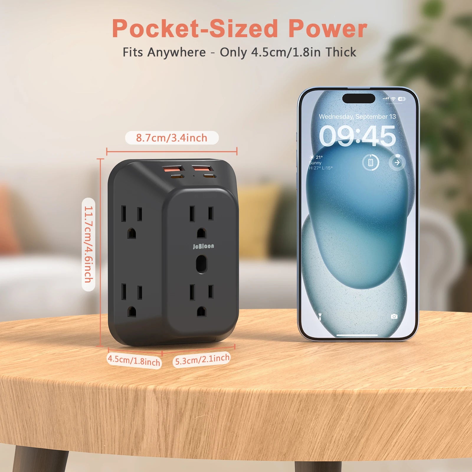Power Strip USB Wall Charger Surge Protector with 6 Outlet Extender 4 USB Charging Ports (2A2C) , Wall Adapter Spaced for Home
