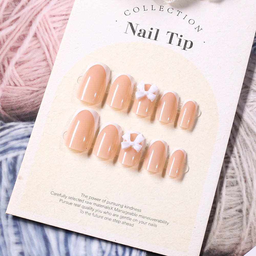 24Pcs White French Press On Nails 3D Bow Design Full Cover Wearable False Nails Short Square Head Ballet Fake Nails 2030