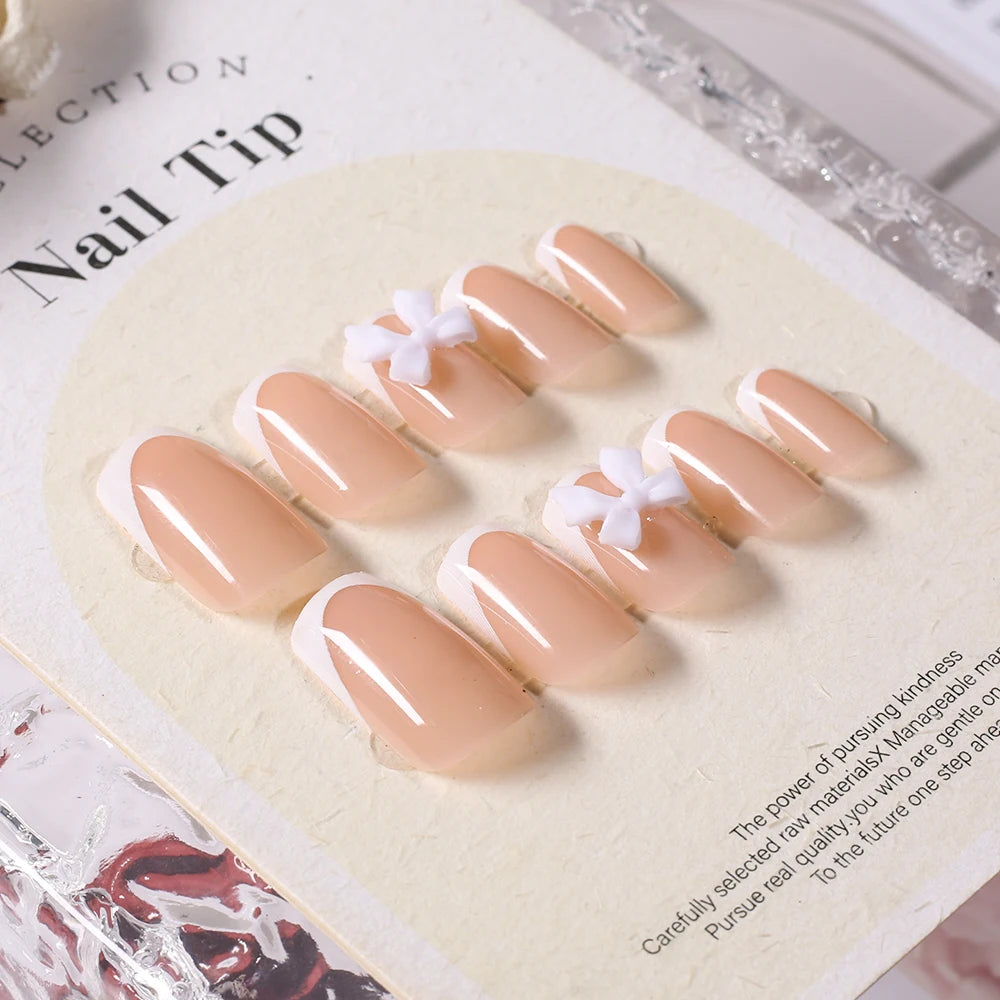 24Pcs White French Press On Nails 3D Bow Design Full Cover Wearable False Nails Short Square Head Ballet Fake Nails 2030