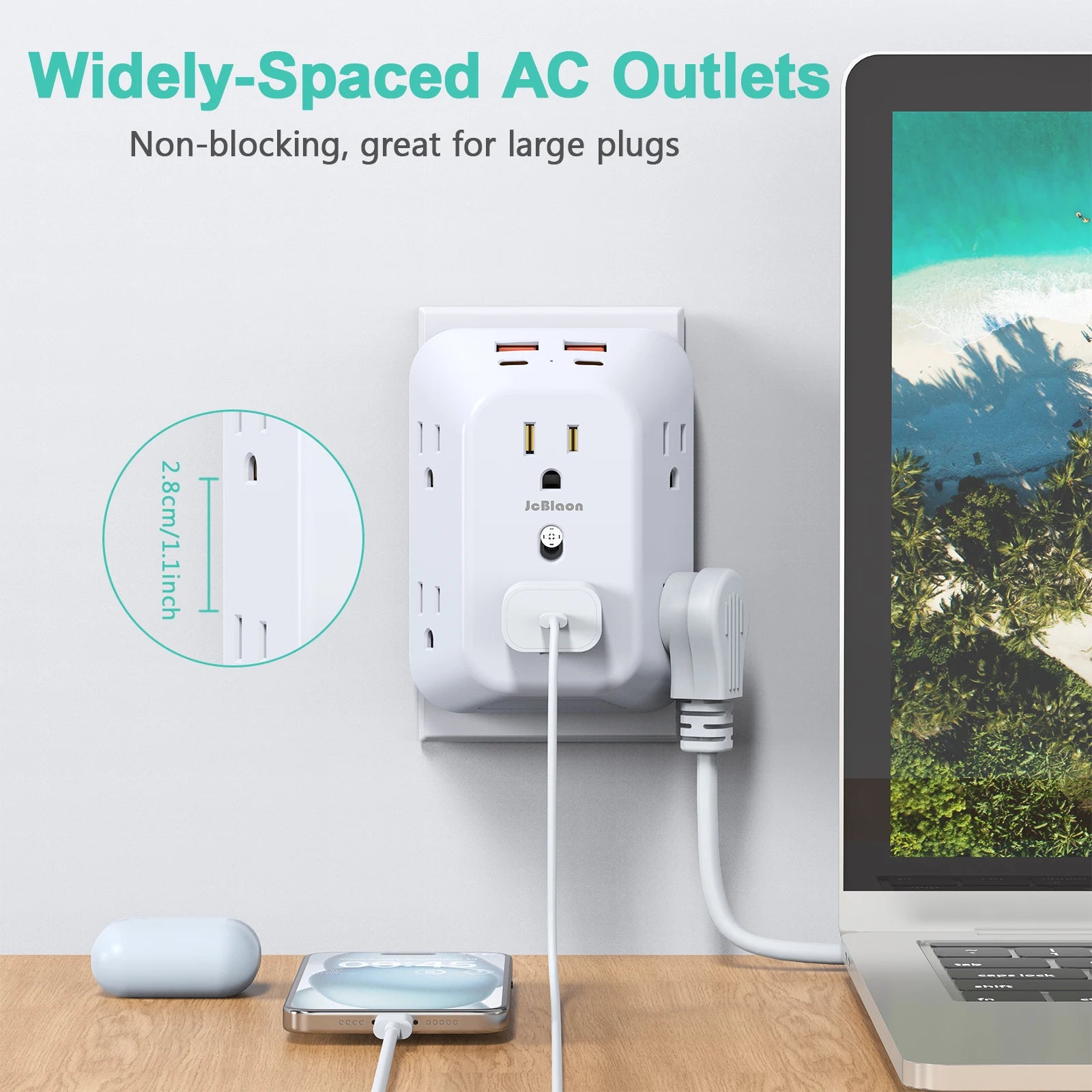 Power Strip USB Wall Charger Surge Protector with 6 Outlet Extender 4 USB Charging Ports (2A2C) , Wall Adapter Spaced for Home