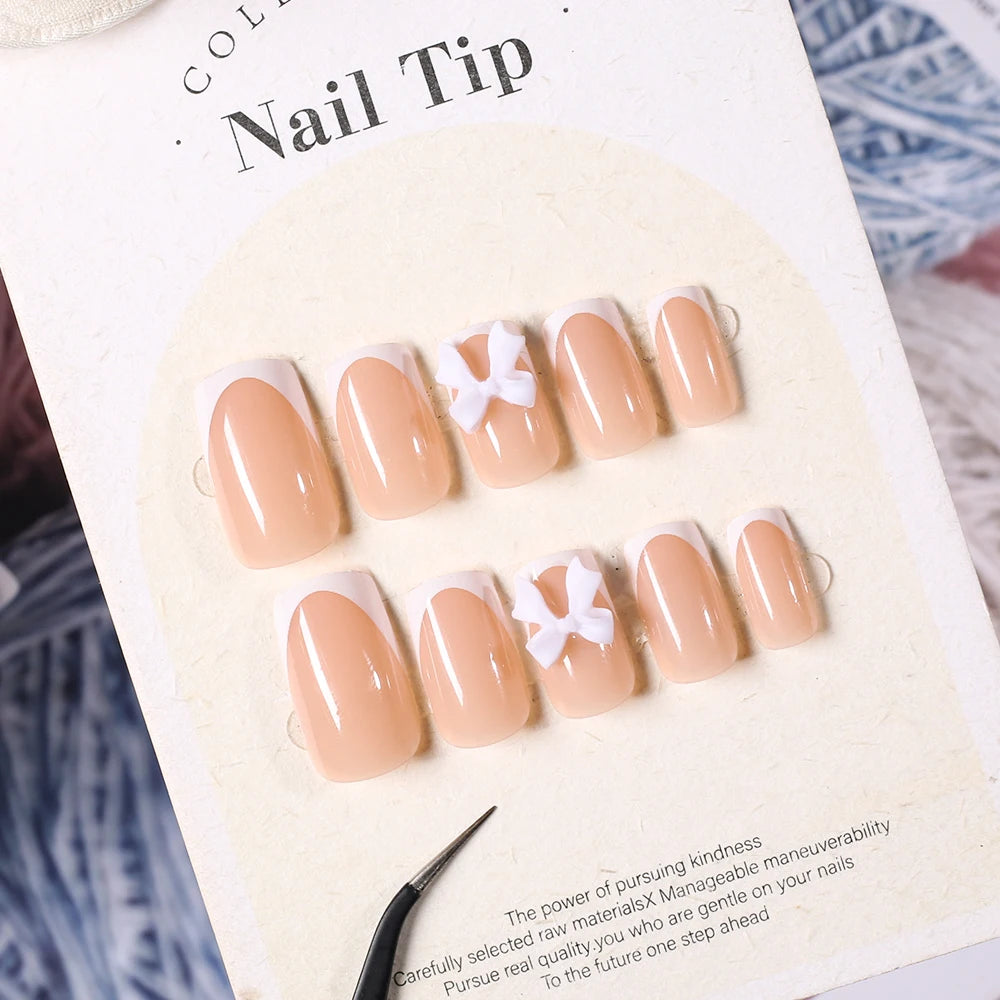 24Pcs White French Press On Nails 3D Bow Design Full Cover Wearable False Nails Short Square Head Ballet Fake Nails 2030