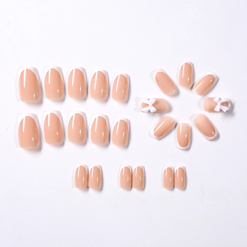 24Pcs White French Press On Nails 3D Bow Design Full Cover Wearable False Nails Short Square Head Ballet Fake Nails 2030