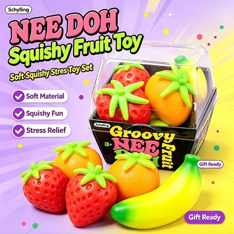 Schylling Needoh Groovy Strawberry Banana Orange Flour Filler Fruit Squishy Stress Toys Fast Rising Anxiety Relief Sensory Toy